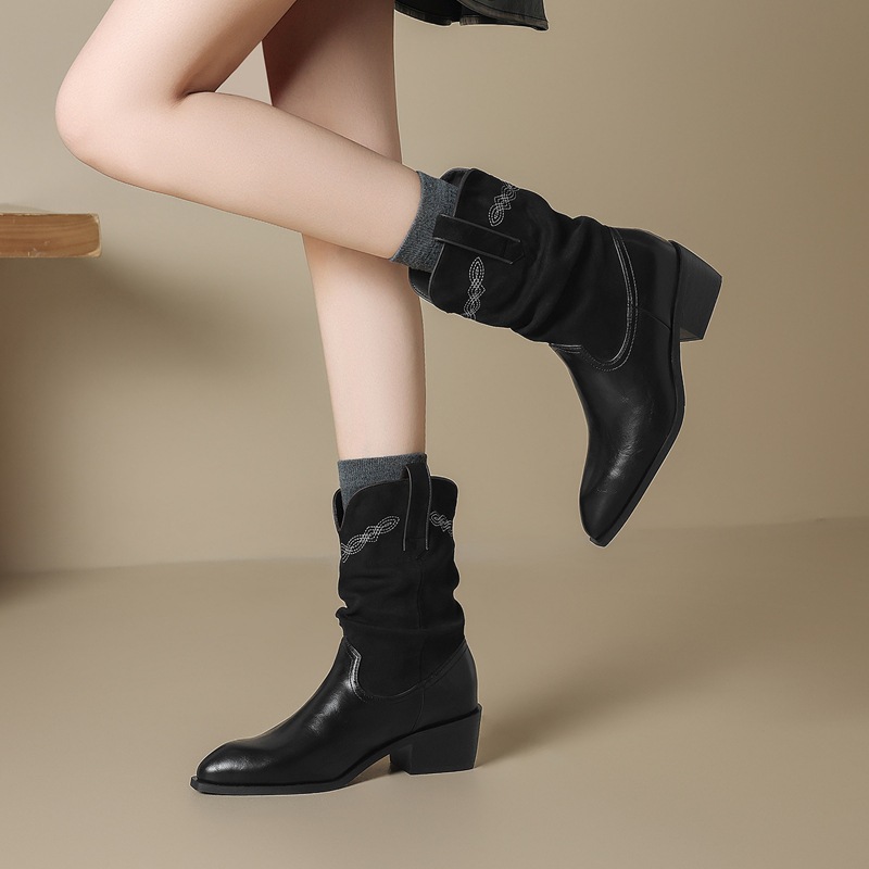 ZHR则则复古中筒西部牛仔短靴美拉德2025冬季新款粗跟高跟堆堆靴 - 图0