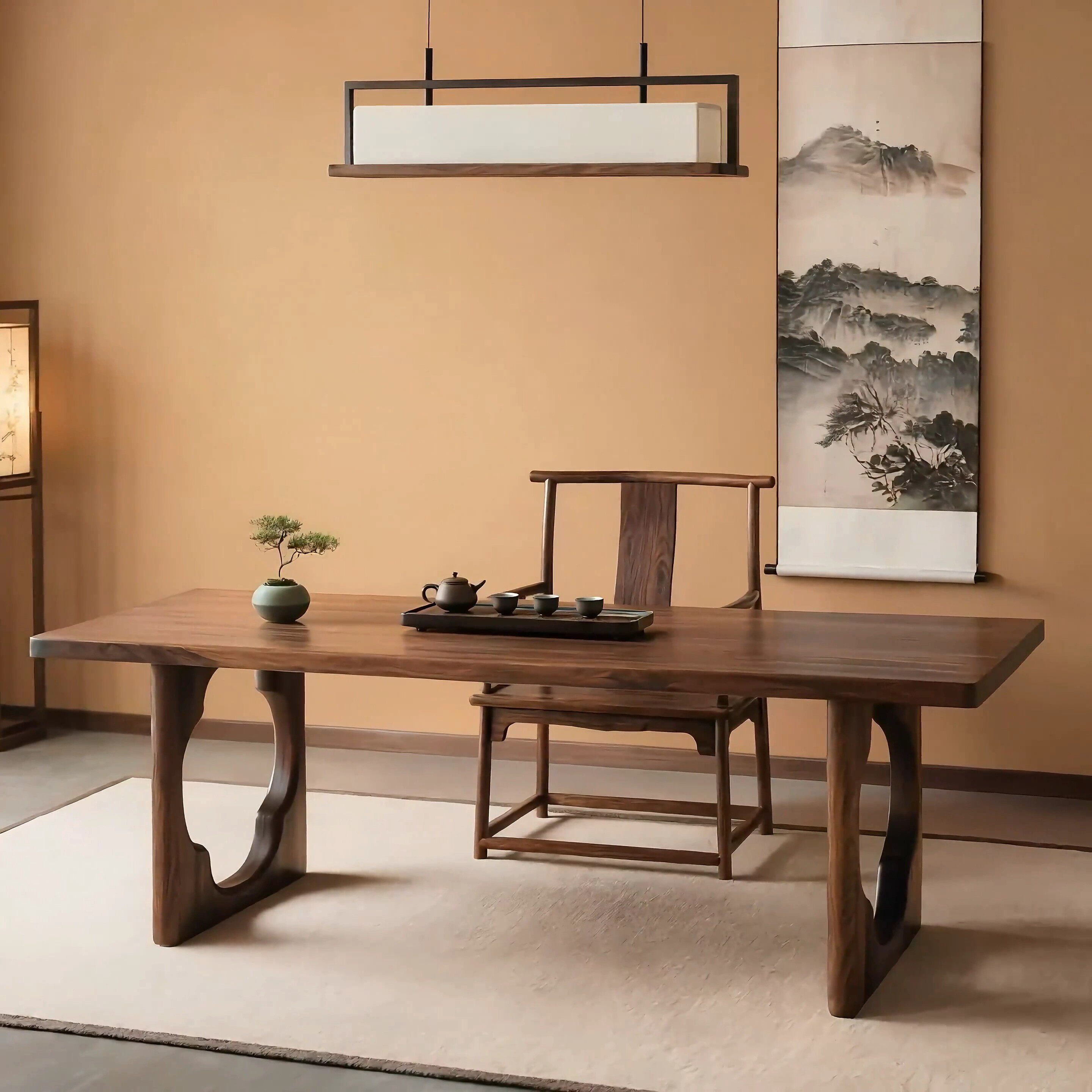 新中式宋代美学黑胡桃木茶桌办公室家用会所接待泡茶桌实木大板桌 - 图0