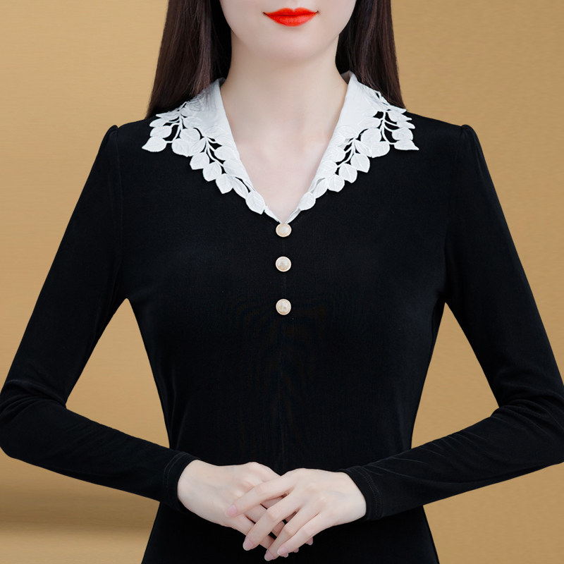 百搭洋气2021新款拼接气质秋冬小衫 花墙薇薇服饰蕾丝衫/雪纺衫