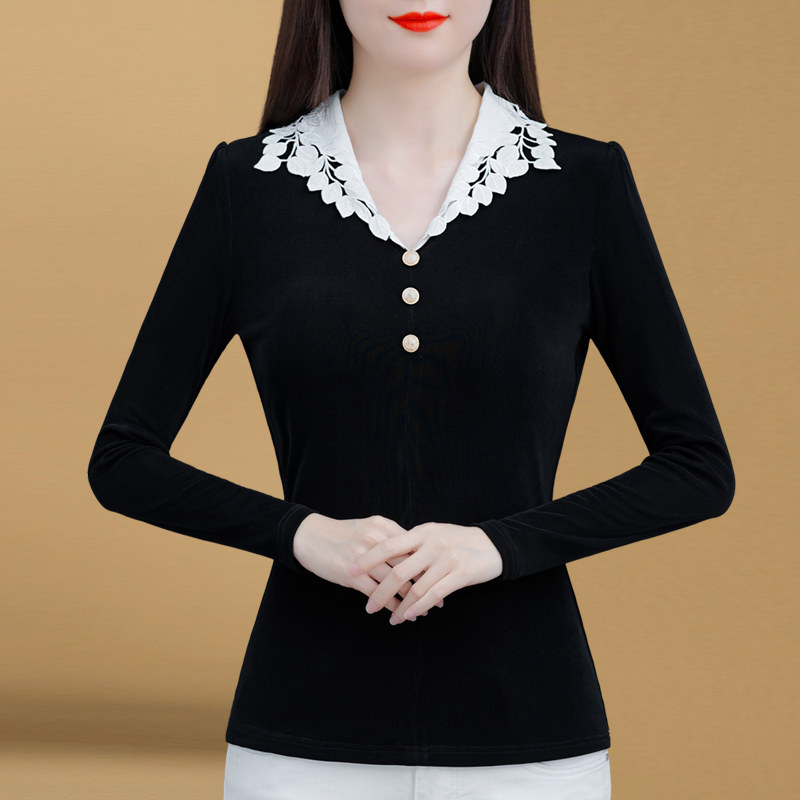 百搭洋气2021新款拼接气质秋冬小衫 花墙薇薇服饰蕾丝衫/雪纺衫