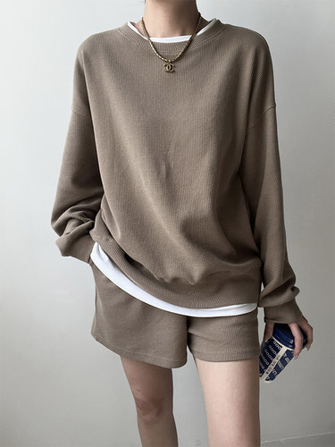 米米小姐2026春季宽松卫衣休闲运动服短裤两件套卫裤假两件套装女 - 图0