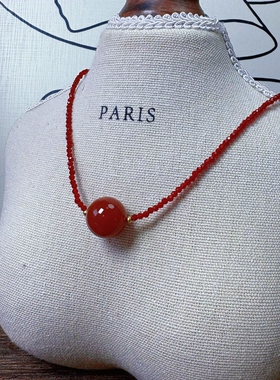 本命年礼物红色玛瑙圆珠吊坠项链短款锁骨链复古百搭颈链新年饰品