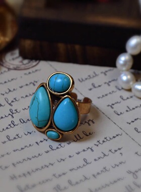 欧美风小众设计感戒指开口可调节大小复古绿松石时尚指环个性配饰