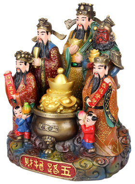 手工彩绘五路财神摆件