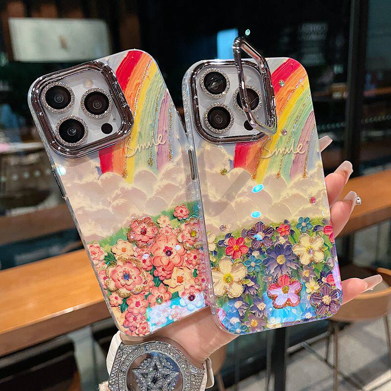 适用苹果系列iPhone16ins风小众新款手机壳15promax大孔支架镜框升级款14pro/13pro油画彩虹花海女款保护套
