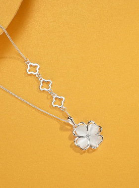 999足银天然猫眼石项链女四叶草吊坠轻奢简约高级感时尚秋冬项饰