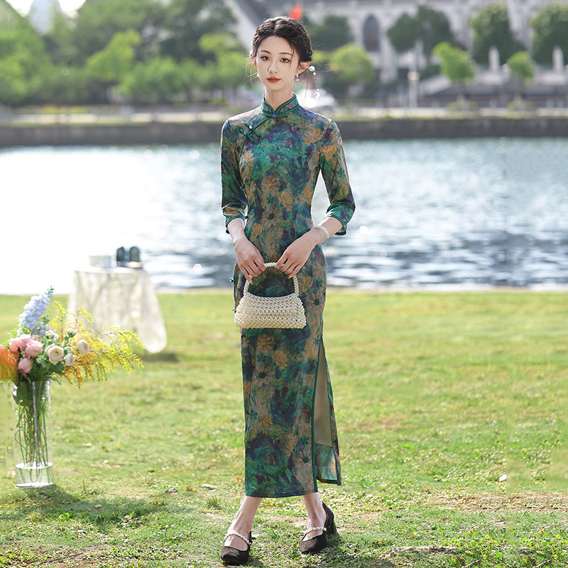 春秋装双层八扣老上海长款改良旗袍2024新款年轻款女复古长袖走秀 - 图1