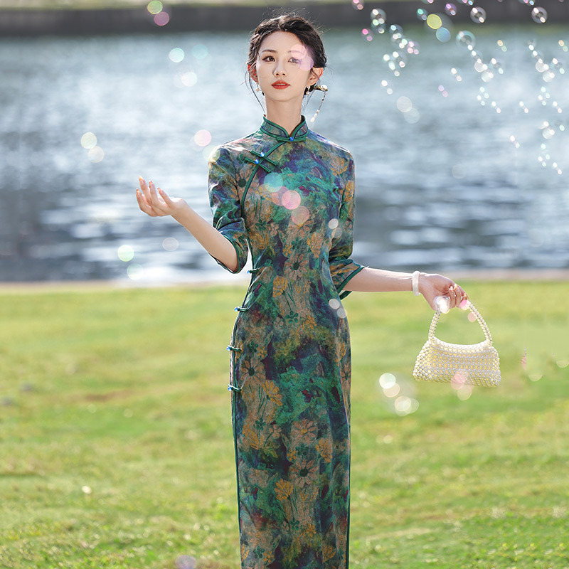 春秋装双层八扣老上海长款改良旗袍2024新款年轻款女复古长袖走秀 - 图0