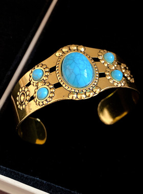 欧美风复古宫廷绿松石手镯女个性夸张时尚手环2026新款