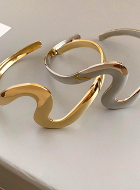 欧美波浪金属开口手镯简约设计感扭曲臂环手环冷淡风手饰