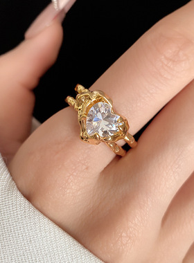 镀18k金爱心褶皱开口戒指 简约食指戒 指环