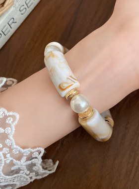 欧美时尚个性亚克力弯管手镯弧形竹管多色复古大理石纹手串手镯