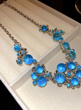 复古奢华蓝色花朵造型水晶项链晚礼服配饰