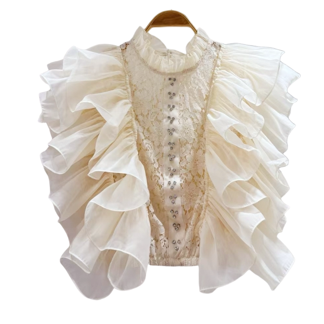 Spliced hollow stand collar sleeves ເທິງ lace top ສໍາລັບແມ່ຍິງ