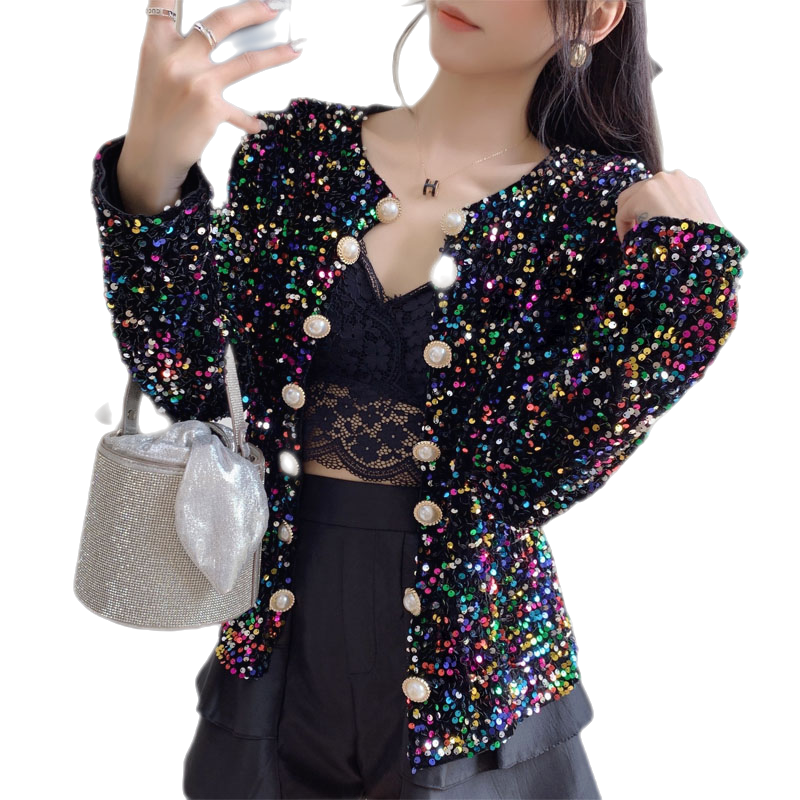 2025新款韩版重工闪闪亮片刺绣长袖修身气质开衫西装短外套女 - 图3