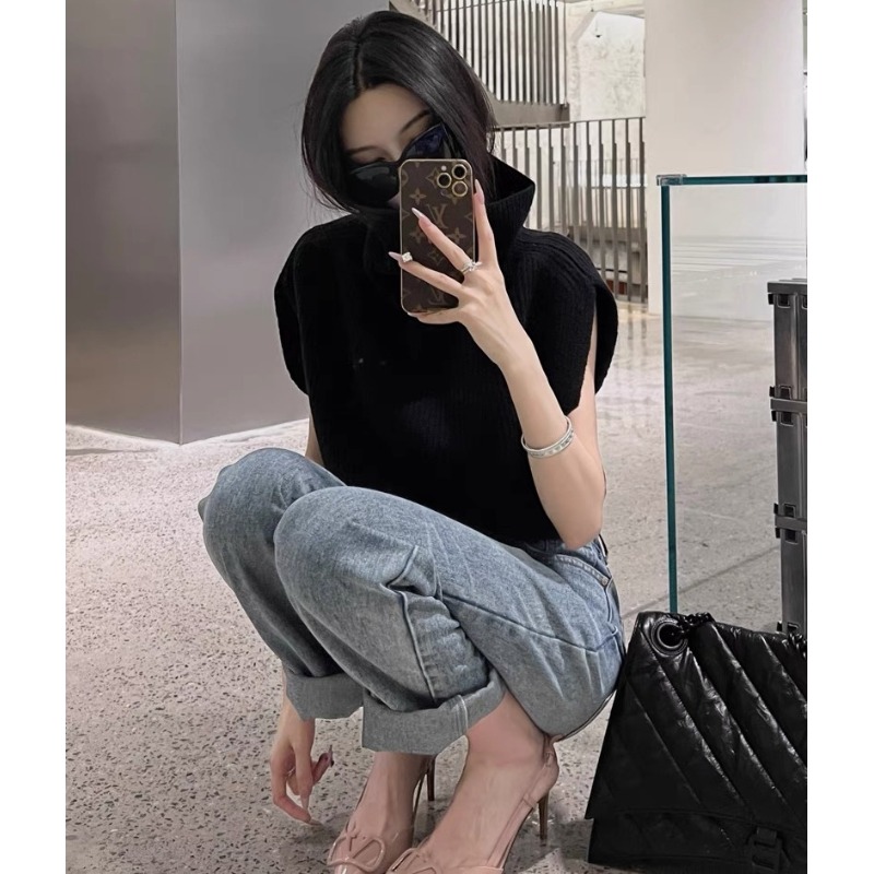 时尚洋气高领背心毛衣女秋季2025年新款宽松套头无袖马甲针织衫潮 - 图0