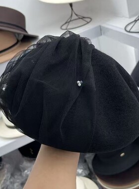 设计款网纱钉珠八角贝雷帽女日本ca4la气质百搭显脸小画家报童帽