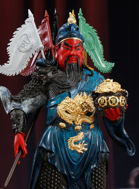 纯铜热着色九龙关公神像摆件家用供奉武财神店铺招财关二爷像摆件