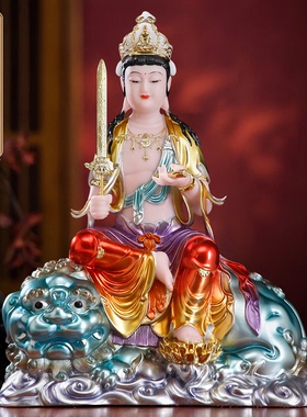 汉白玉彩绘文殊普贤菩萨佛像摆件