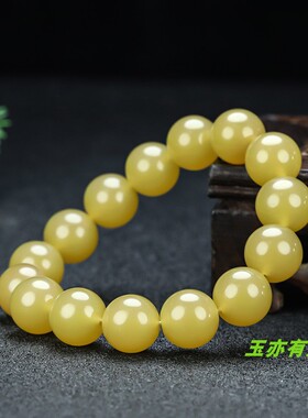 新疆和田玉黄玉手链天然玉石米黄玉14mm珠子手串戈壁玉糖料手串