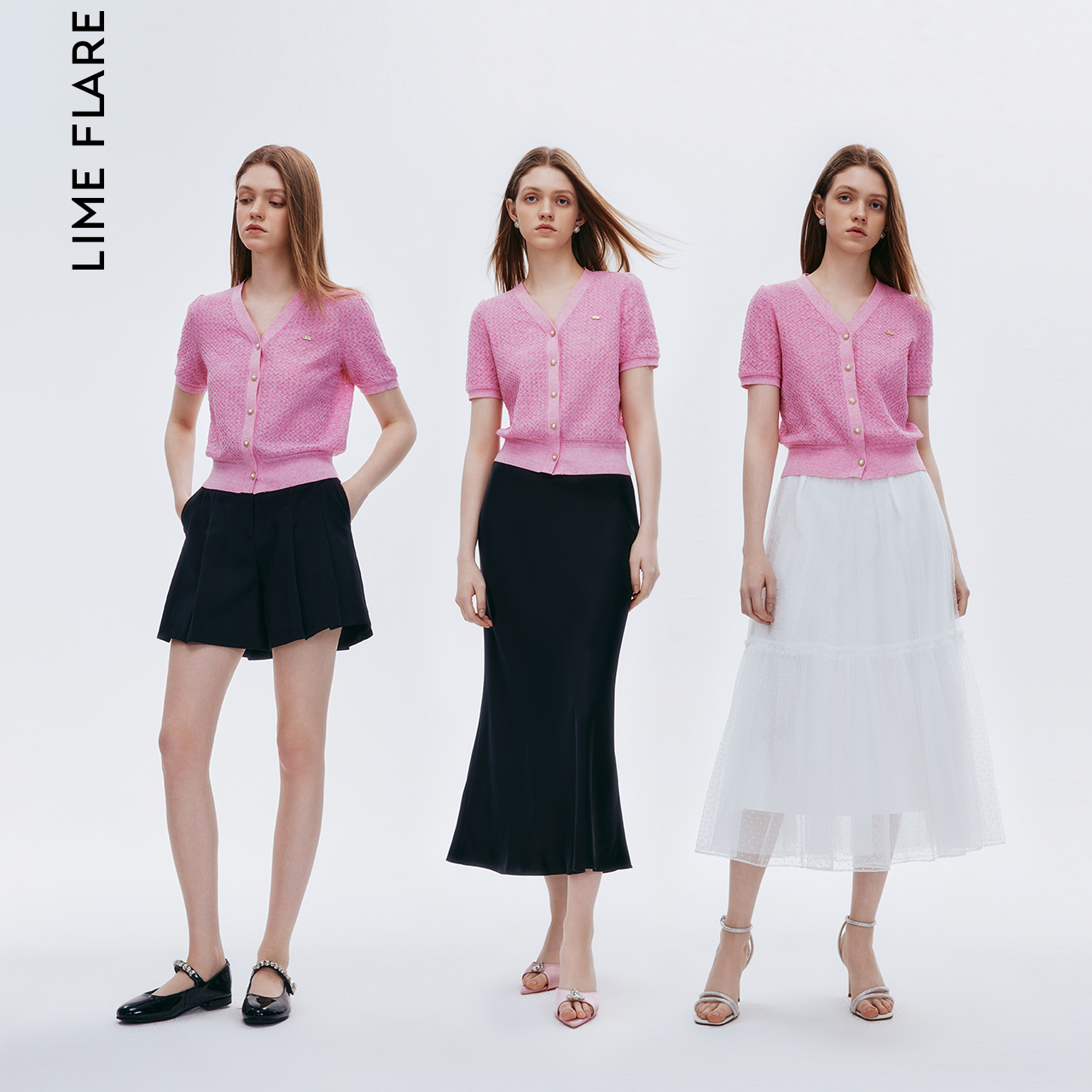 莱茵福莱尔小众肌理感短袖上衣粉色V领泡泡袖2024夏季新款针织衫 - 图1