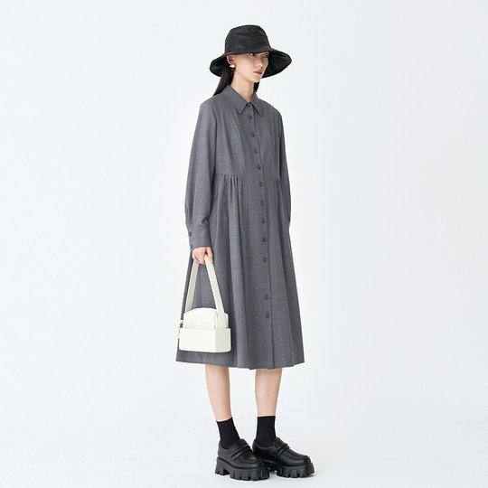 【永恒系列】AUM噢姆冬季优雅通勤收腰衬衫裙压褶连衣裙休闲长裙