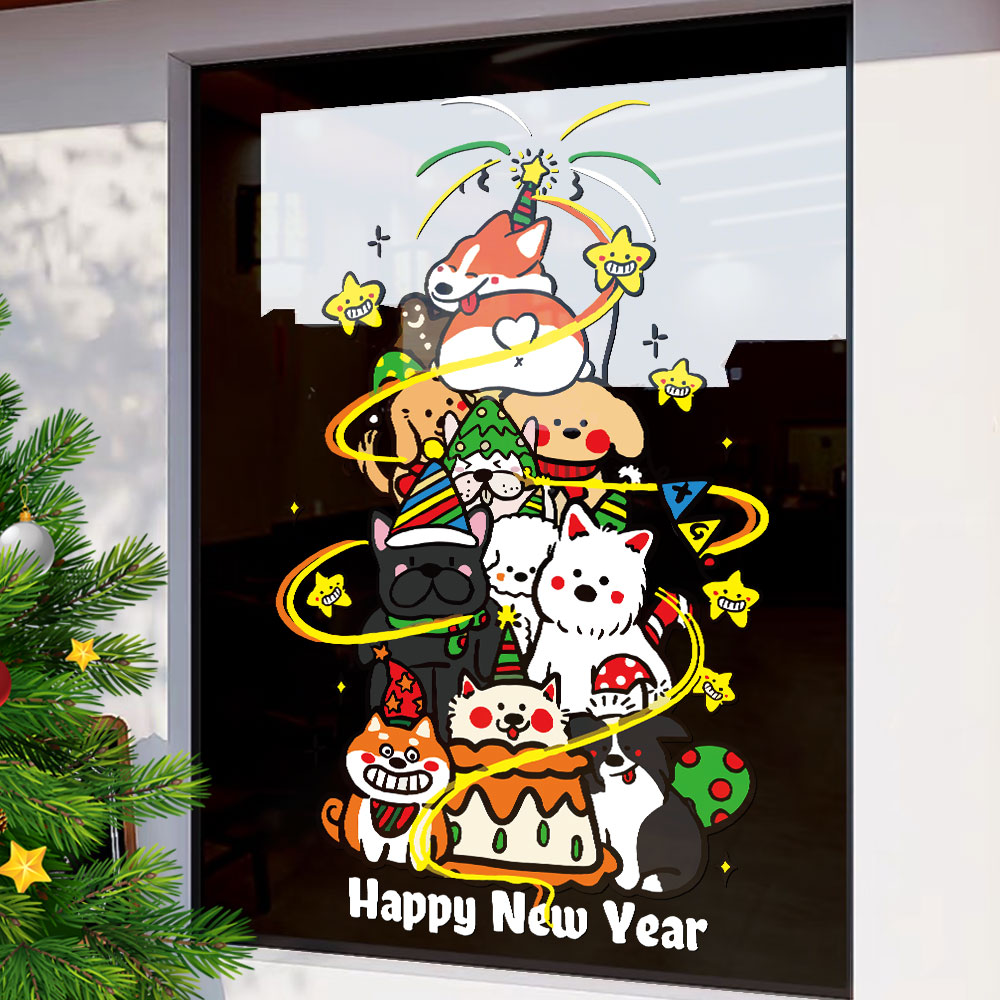 2026新年圣诞节卡通小狗橱窗玻璃装饰布置贴纸UV静电窗花窗贴门贴 - 图1