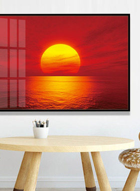 大红色海上太阳倒影风景装饰画外贸公司办公室挂画红红火火晶瓷画
