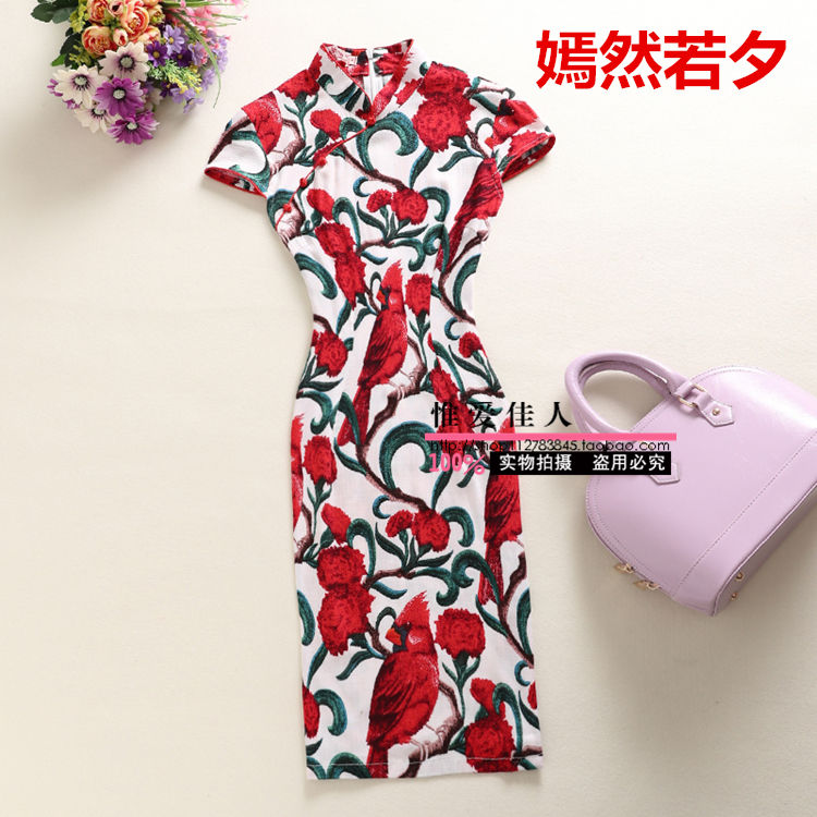 Short summer elastic cheongsam, Chinese style, cotton and linen Short summer elastic cheongsam, Chinese style, cotton and linen