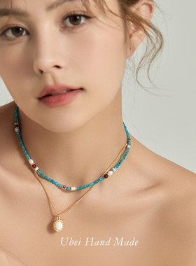 复古宫廷风孔雀蓝石串珠项链i