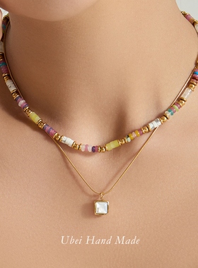 复古叠戴天然石串珠项链白海贝