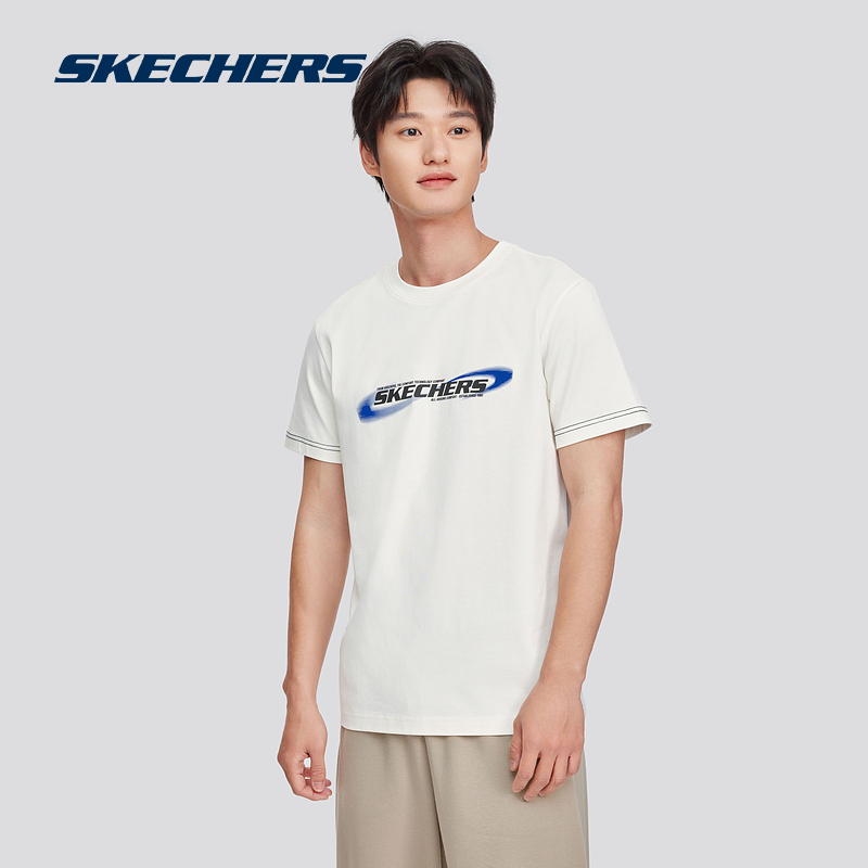 Skechers斯凯奇T恤男高克重全棉2024年夏季灰色圆领运动休闲男装