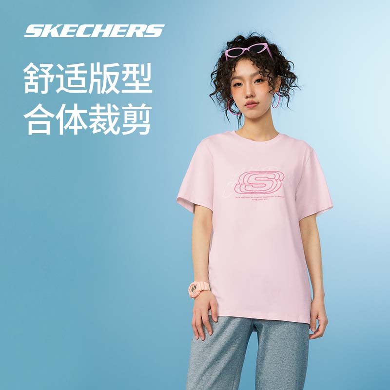 Skechers斯凯奇短袖情侣装2024年男女同款宽松圆领速干运动T恤衫-图2