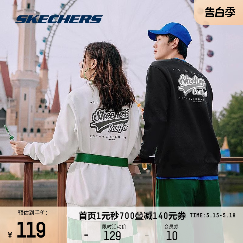 Skechers斯凯奇情侣圆领加绒保暖舒适卫衣男女款复古百搭个性上衣