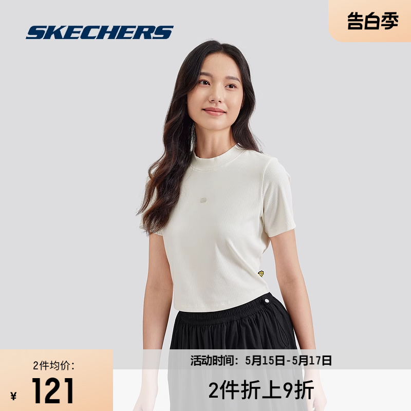 Skechers斯凯奇2024年夏季新款女款短袖T恤衫圆领碳黑色舒适修身 - 图0