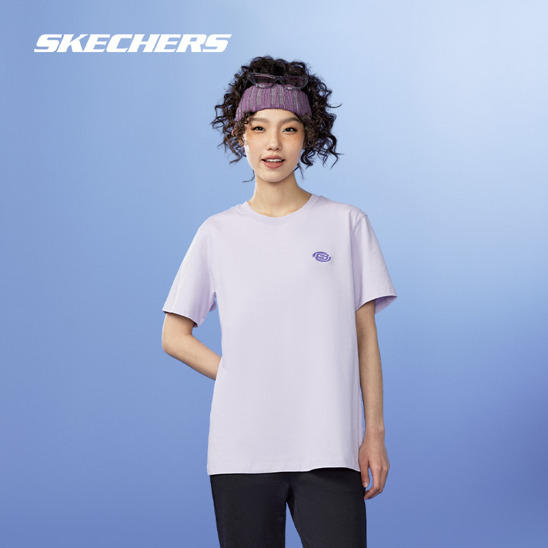 Skechers斯凯奇2024春男女款短袖T恤圆领时尚印花速干衣情侣上衣 - 图2