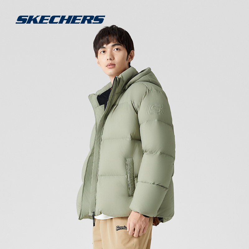 Skechers斯凯奇新款鸭绒羽绒服男连帽短款泡芙保暖轻便百搭外套