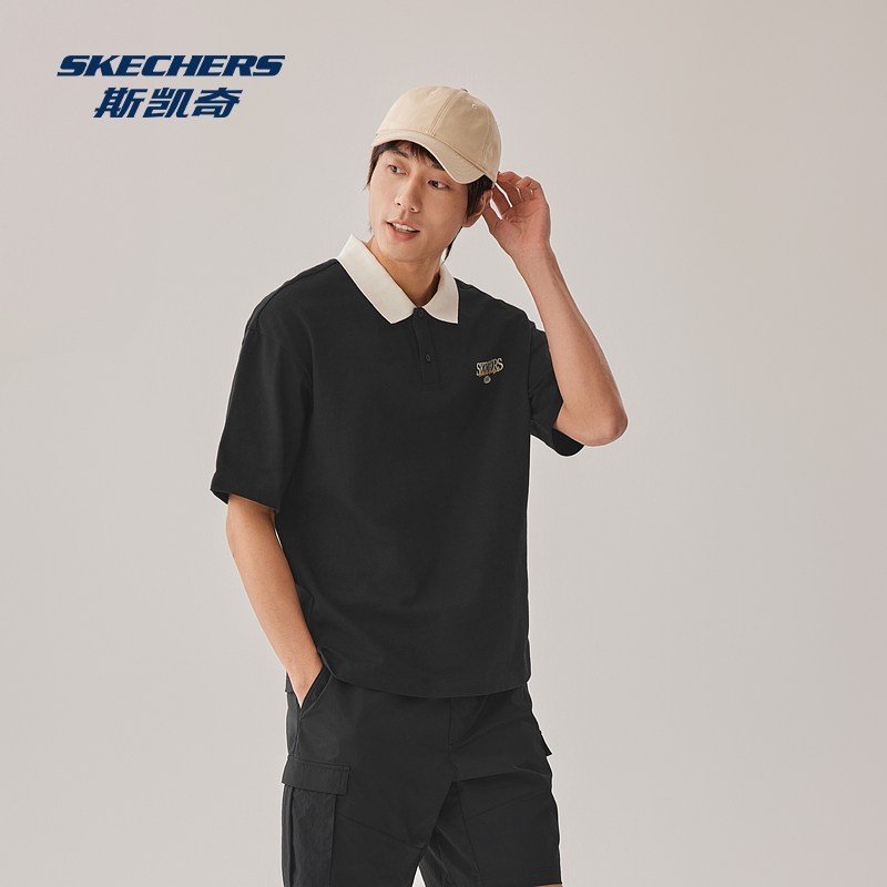 斯凯奇新品男子POLO短袖衫黑白简约运动休闲宽松舒适,淘宝优惠券,粉丝福利购,淘宝优惠卷