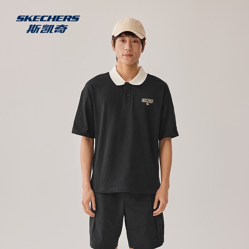 斯凯奇新品男子POLO短袖衫黑白简约运动休闲宽松舒适,淘宝优惠券,粉丝福利购,淘宝优惠卷
