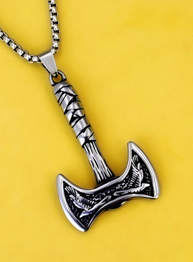 欧美北欧维京双头斧造型钛钢吊坠男士嘻哈时尚不锈钢吊坠项链饰品