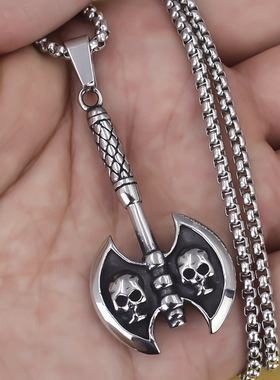 维京海盗斧头造型吊坠欧美男士不锈钢嘻哈项链ins毛衣链朋克饰品