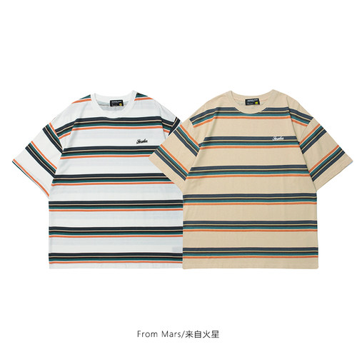 From Mars Salt stripe antique short-sleeved t-shirt - 图1