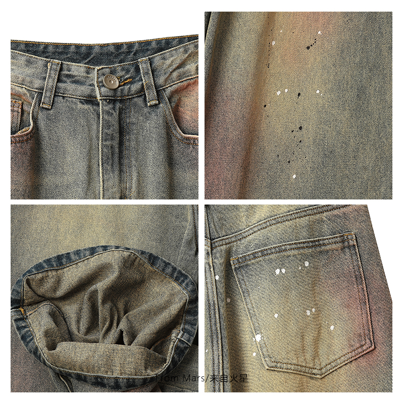 From Mars 重新鉴定 美式复古做旧阔腿慵懒男女宽松百搭牛仔长裤 - 图2