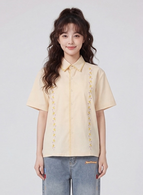 花卉刺绣藤蔓刺绣短袖衬衫男女