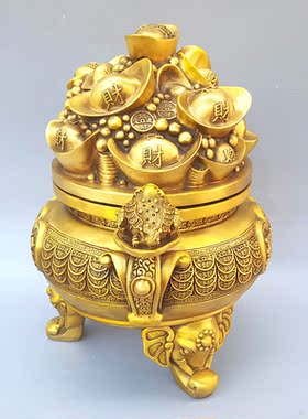 铜聚宝盆象上金蟾开盖香炉中式