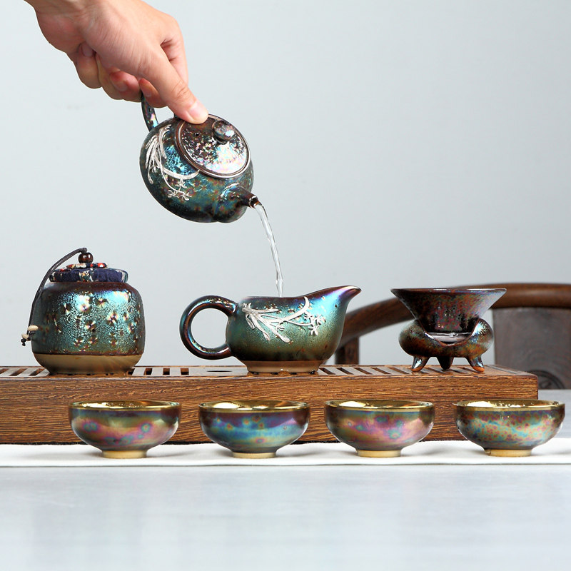 台湾窑变天目七彩孔雀鎏金镶银茶具陶瓷整套陶瓷银鱼杯茶具套装,淘宝优惠券,粉丝福利购,淘宝优惠卷