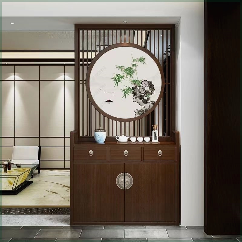 新中式入户门实木玄关柜隔断客厅风水屏风柜家用胡桃木定制小户型 - 图0