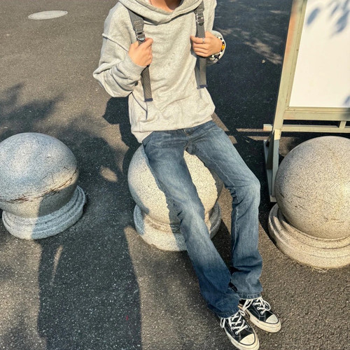 【包邮】海森堡bootcut复古蓝竹节褪色洗水做旧微喇版型牛仔裤男 - 图2