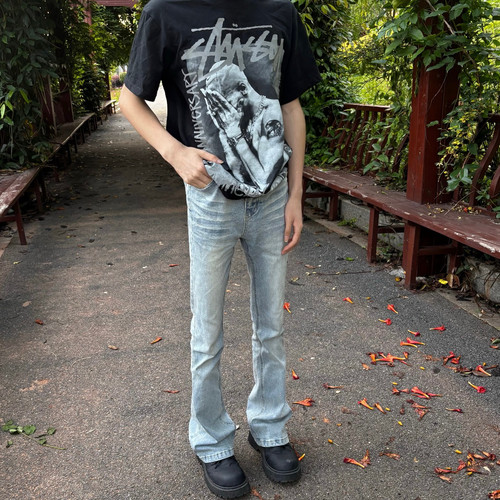 美式水洗浅蓝cleanfit牛仔裤微喇修身显瘦复古vintage517长裤子男 - 图1