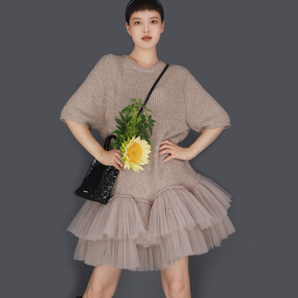 TEATREE24秋原创网纱拼接羊毛连衣裙A字裙宽松显瘦毛衣针织鱼尾裙 - 图0